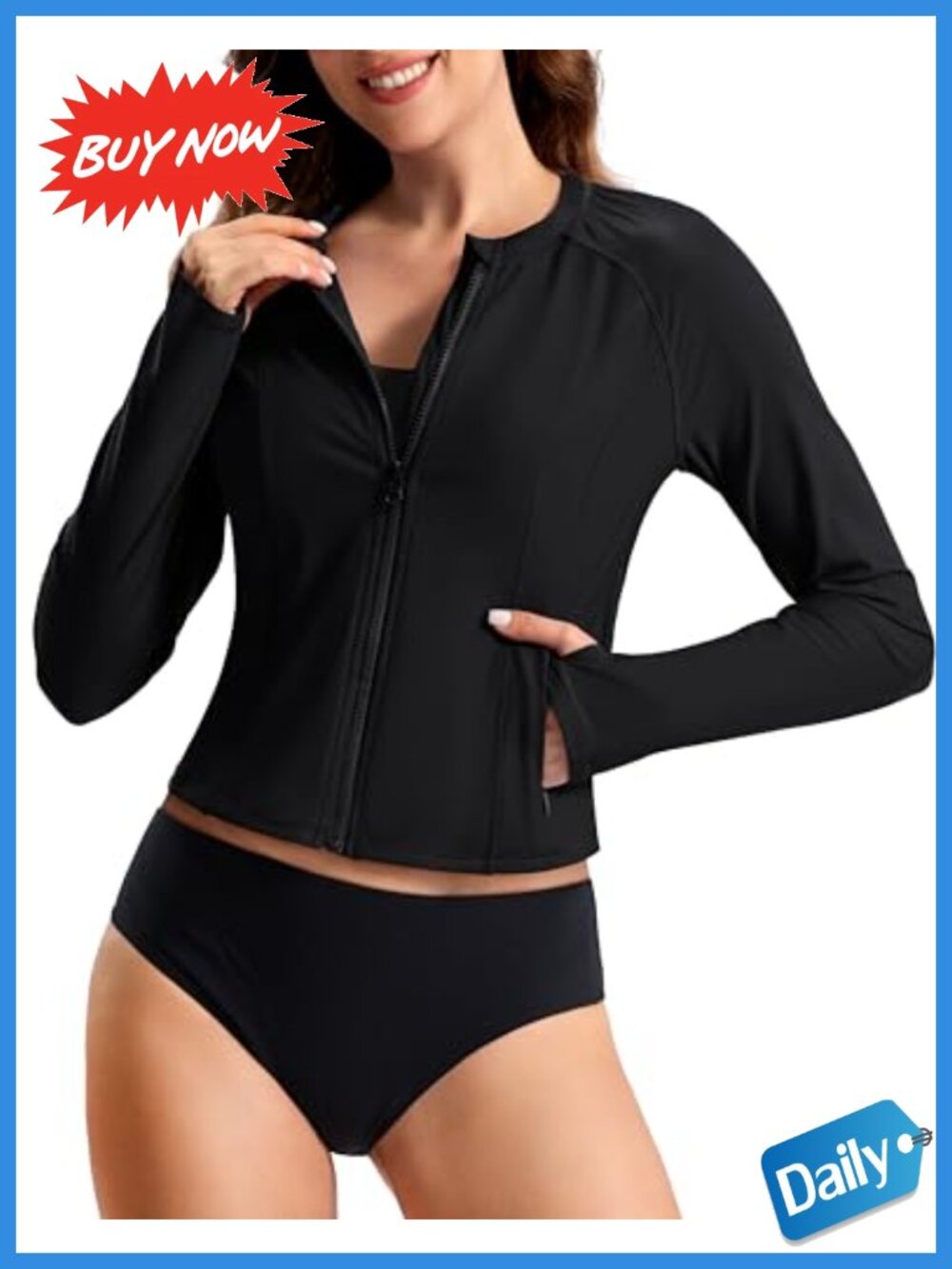Cropped Rash Guard UPF 50+ Zip Up Long Sleeve Thumbholes Pockets Slim Fit